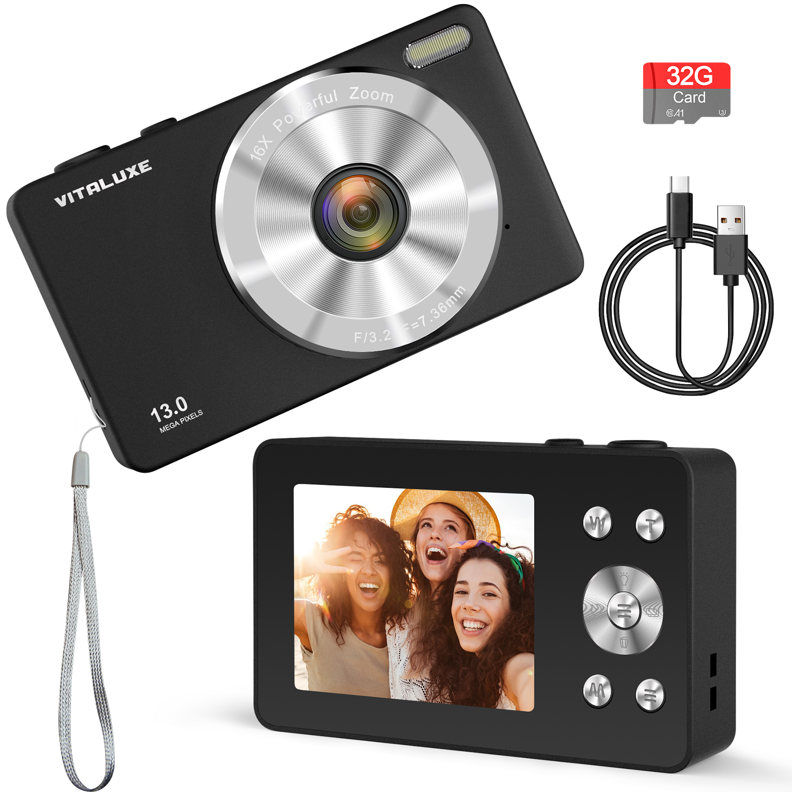 VITALUXE Digital Camera, 4K Kids Camera 13MP Point and Shoot Digital Cameras with 32GB SD Card 16X Zoom, 2.83'' Portable Vintage Small Camera for Teens Students Kids Boys Girls Adults Beginner(Black)