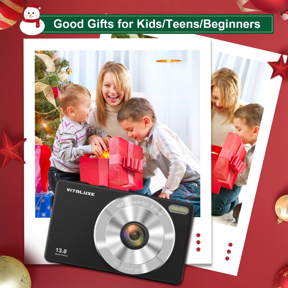 VITALUXE Digital Camera, 4K Kids Camera 13MP Point and Shoot Digital Cameras with 32GB SD Card 16X Zoom, 2.83'' Portable Vintage Small Camera for Teens Students Kids Boys Girls Adults Beginner(Black)