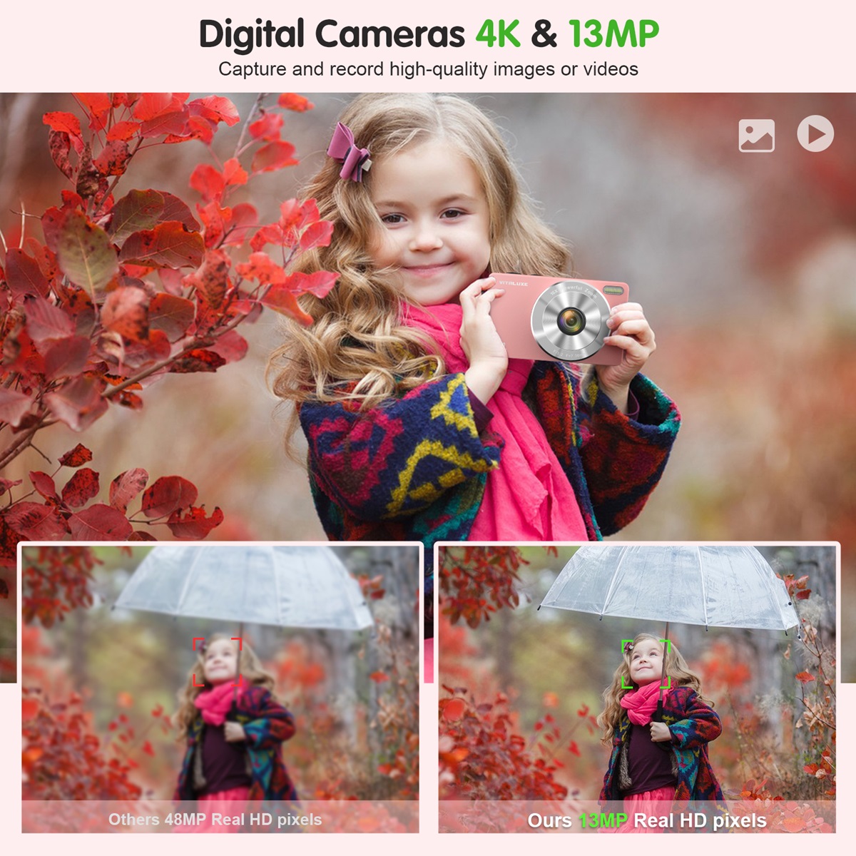 VITALUXE Digital Camera, 4K Kids Camera 13MP Point and Shoot Digital Cameras with 32GB SD Card 16X Zoom, 2.83'' Portable Vintage Small Camera for Teens Students Kids Boys Girls Adults Beginner(Pink)