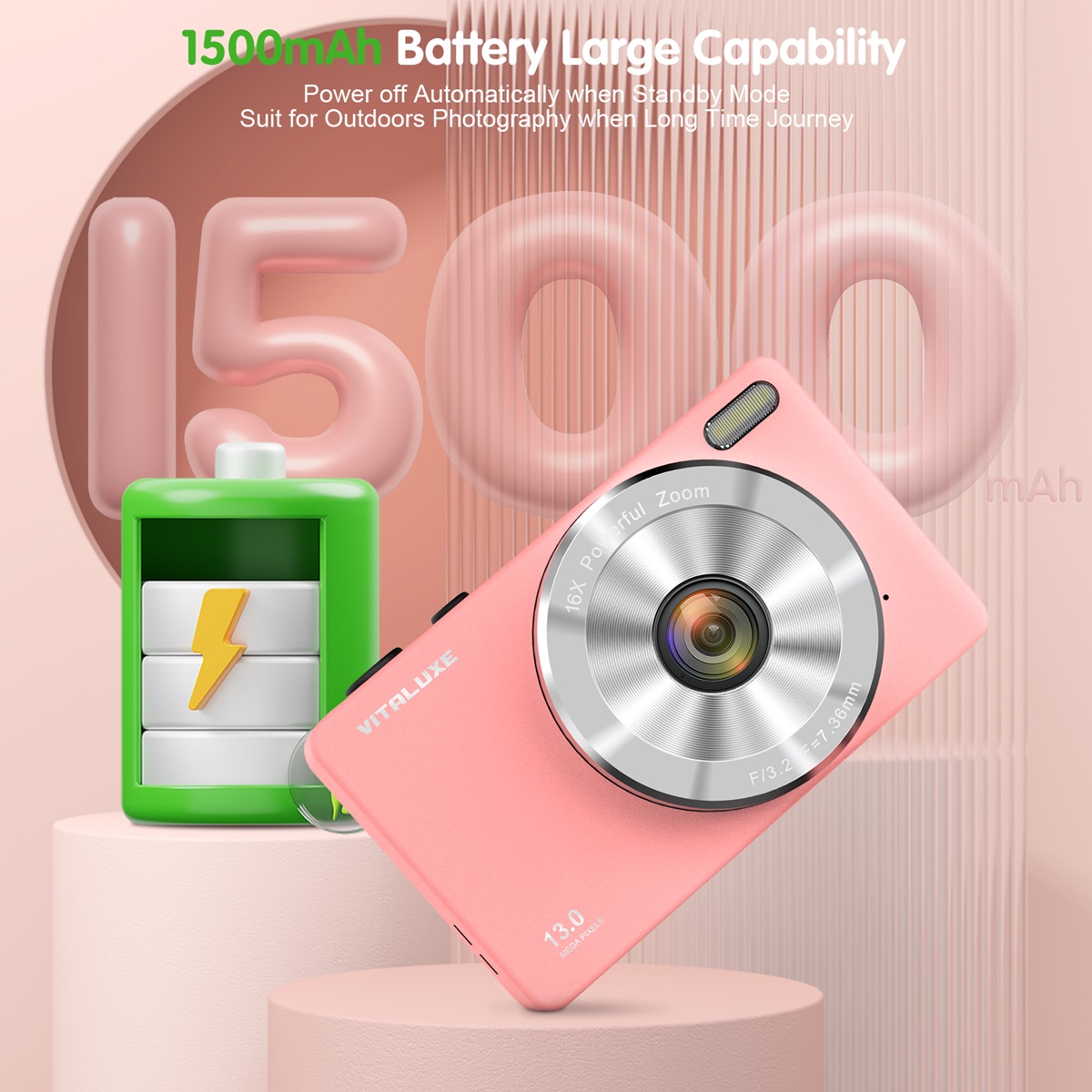 VITALUXE Digital Camera, 4K Kids Camera 13MP Point and Shoot Digital Cameras with 32GB SD Card 16X Zoom, 2.83'' Portable Vintage Small Camera for Teens Students Kids Boys Girls Adults Beginner(Pink)