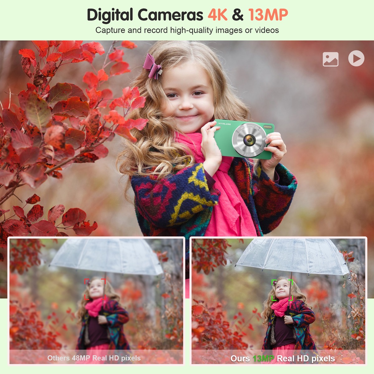 VITALUXE Digital Camera, 4K Kids Camera 13MP Point and Shoot Digital Cameras with 32GB SD Card 16X Zoom, 2.84'' Portable Vintage Small Camera for Teens Students Kids Boys Girls Adults Beginner(Green)