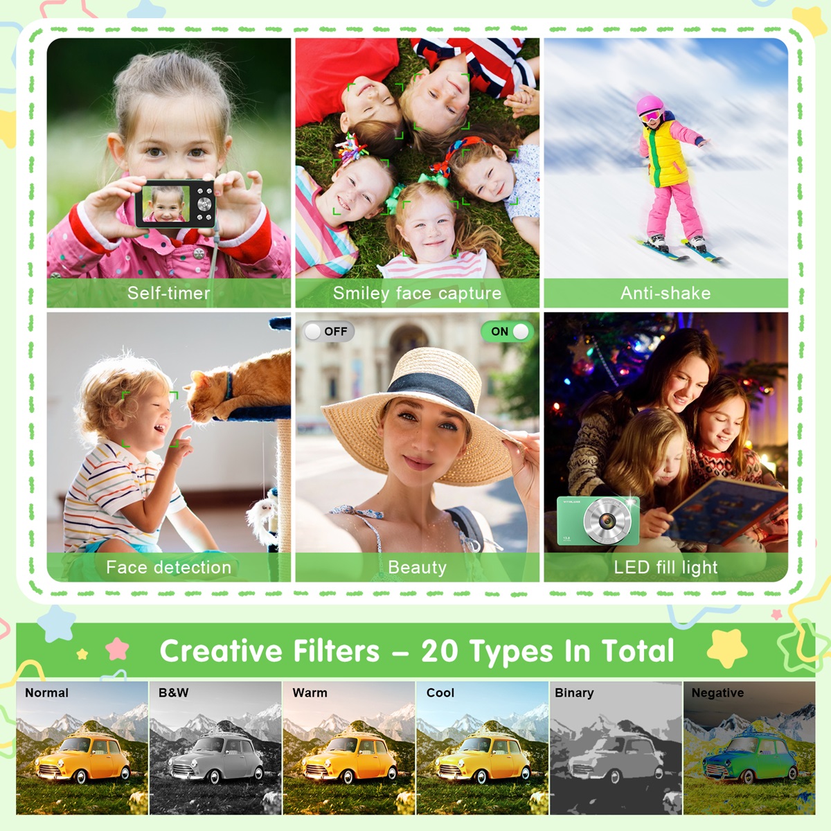 VITALUXE Digital Camera, 4K Kids Camera 13MP Point and Shoot Digital Cameras with 32GB SD Card 16X Zoom, 2.84'' Portable Vintage Small Camera for Teens Students Kids Boys Girls Adults Beginner(Green)