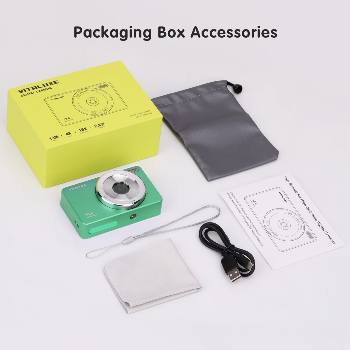 VITALUXE Digital Camera, 4K Kids Camera 13MP Point and Shoot Digital Cameras with 32GB SD Card 16X Zoom, 2.84'' Portable Vintage Small Camera for Teens Students Kids Boys Girls Adults Beginner(Green)