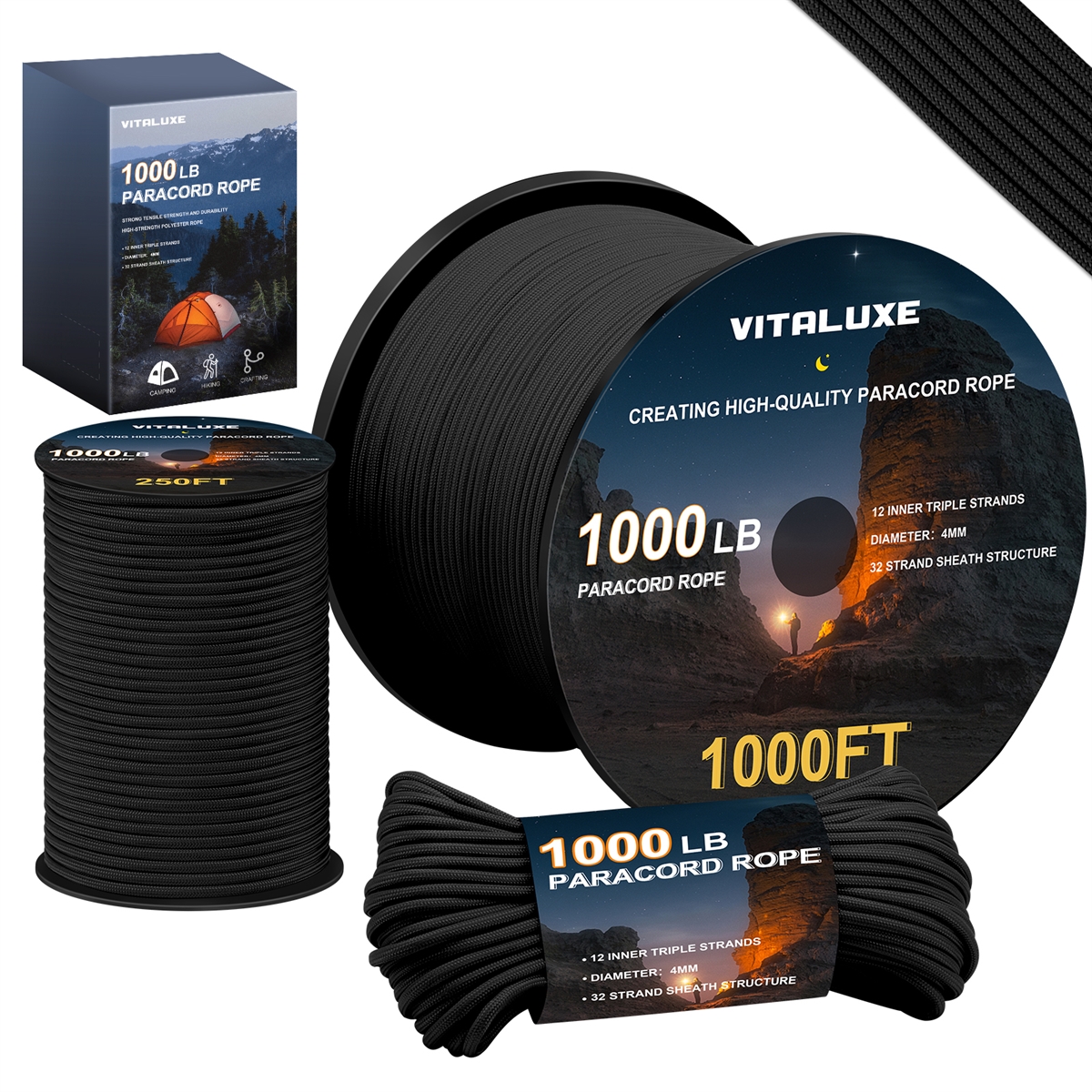 VITALUXE 1000Ib Paracord Rope, Tactical Parachute Cord with 12 Triple Strands, Heavy Duty Survival Gear for Camping, Hiking, Ideal for Bracelets, Lanyards, Diameter: 4MM, Black
