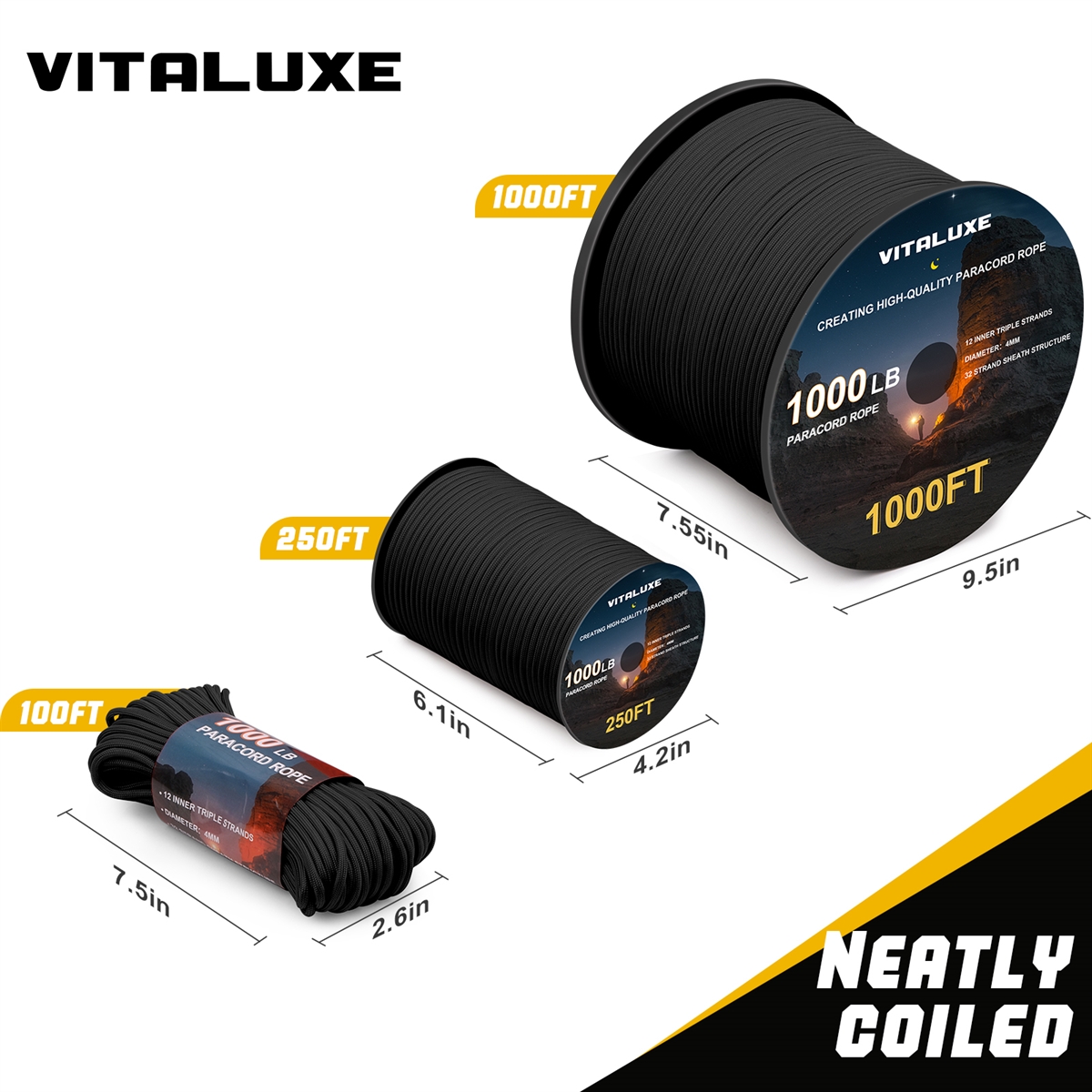 VITALUXE 1000Ib Paracord Rope, Tactical Parachute Cord with 12 Triple Strands, Heavy Duty Survival Gear for Camping, Hiking, Ideal for Bracelets, Lanyards, Diameter: 4MM, Black