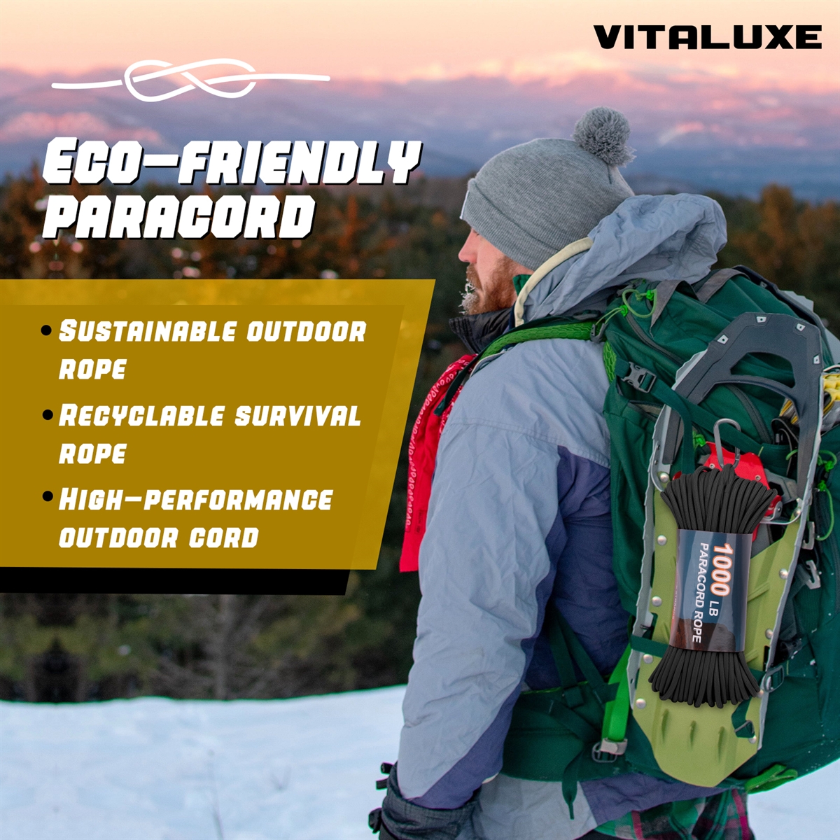 VITALUXE 1000Ib Paracord Rope, Tactical Parachute Cord with 12 Triple Strands, Heavy Duty Survival Gear for Camping, Hiking, Ideal for Bracelets, Lanyards, Diameter: 4MM, Black