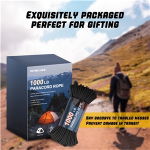 VITALUXE 1000Ib Paracord Rope, Tactical Parachute Cord with 12 Triple Strands, Heavy Duty Survival Gear for Camping, Hiking, Ideal for Bracelets, Lanyards, Diameter: 4MM, Black