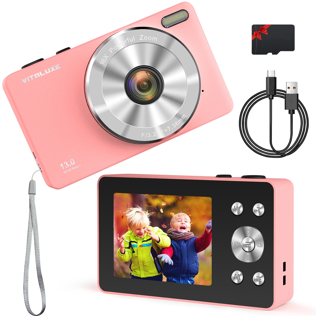 VITALUXE Digital Camera, 4K Kids Camera 13MP Point and Shoot Digital Cameras with 32GB SD Card 16X Zoom, 2.83'' Portable Vintage Small Camera for Teens Students Kids Boys Girls Adults Beginner(Pink)