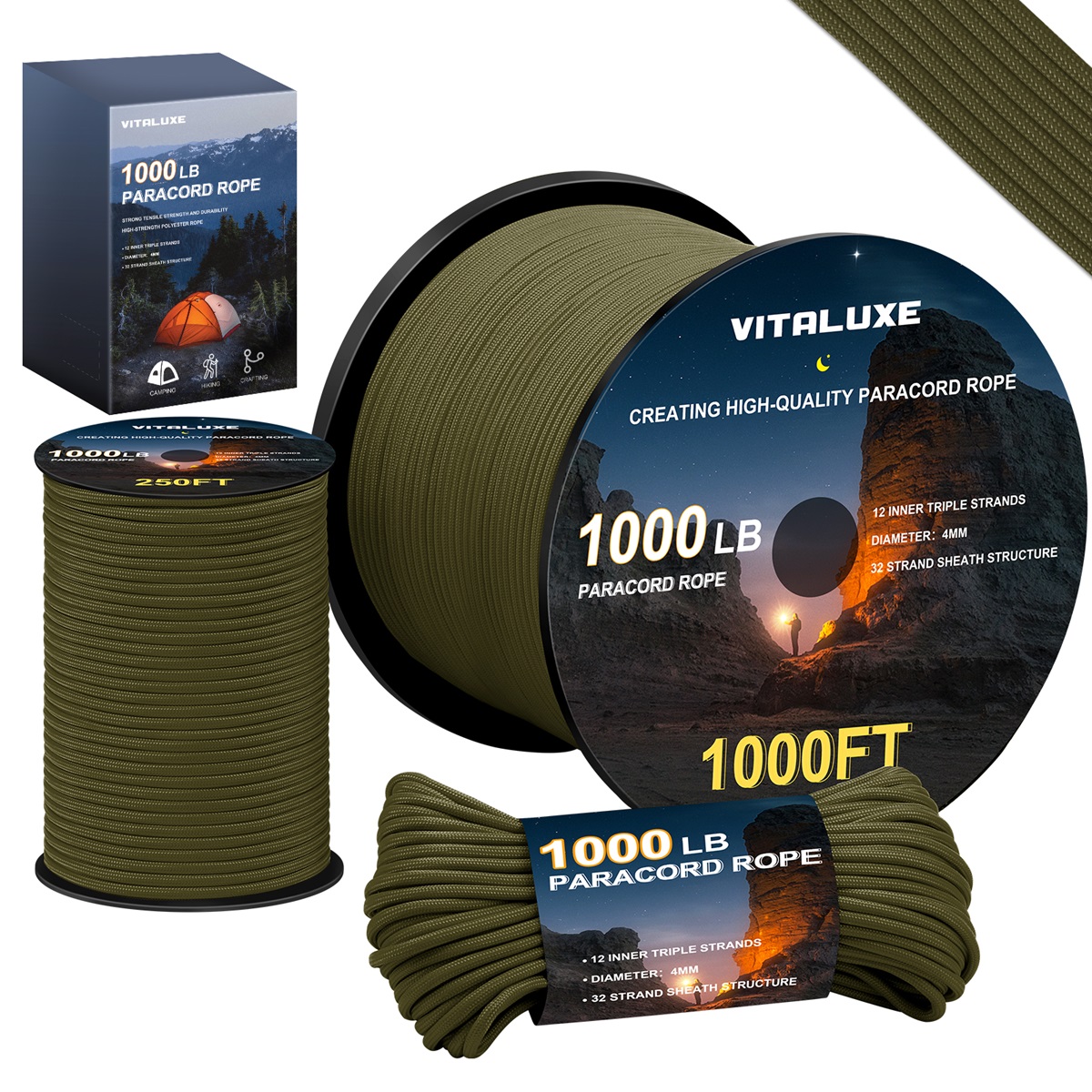 VITALUXE 1000Ib Paracord Rope, Tactical Parachute Cord with 12 Triple Strands, Heavy Duty Survival Gear for Camping, Hiking, Ideal for Bracelets, Lanyards, Diameter: 4MM, Army green