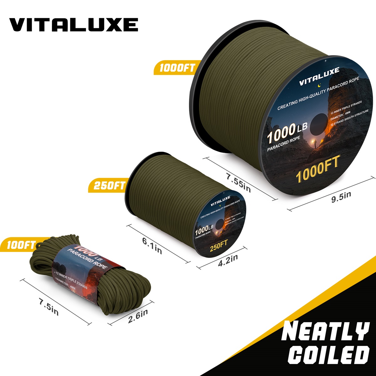 VITALUXE 1000Ib Paracord Rope, Tactical Parachute Cord with 12 Triple Strands, Heavy Duty Survival Gear for Camping, Hiking, Ideal for Bracelets, Lanyards, Diameter: 4MM, Army green