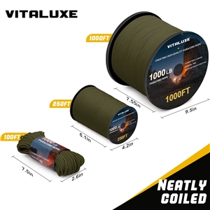VITALUXE 1000Ib Paracord Rope, Tactical Parachute Cord with 12 Triple Strands, Heavy Duty Survival Gear for Camping, Hiking, Ideal for Bracelets, Lanyards, Diameter: 4MM, Army green