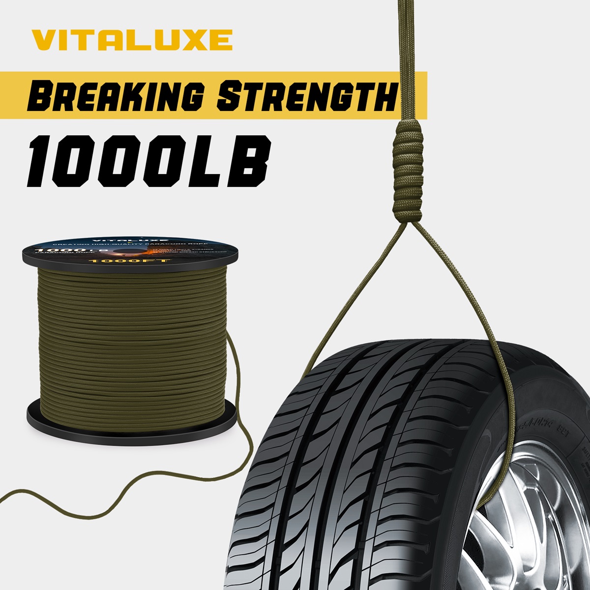 VITALUXE 1000Ib Paracord Rope, Tactical Parachute Cord with 12 Triple Strands, Heavy Duty Survival Gear for Camping, Hiking, Ideal for Bracelets, Lanyards, Diameter: 4MM, Army green