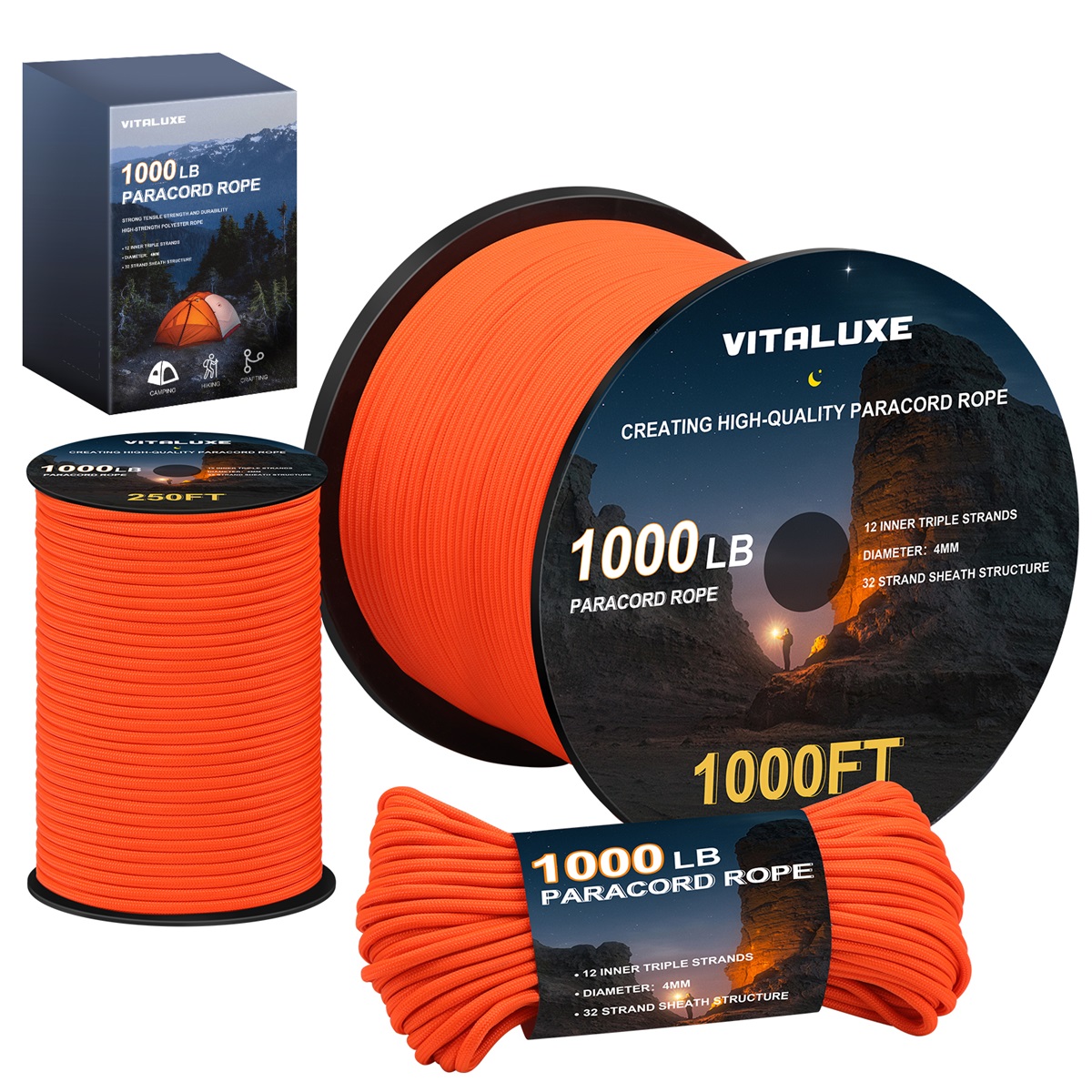 VITALUXE 1000Ib Paracord Rope, Tactical Parachute Cord with 12 Triple Strands, Heavy Duty Survival Gear for Camping, Hiking, Ideal for Bracelets, Lanyards, Diameter: 4MM, Orange