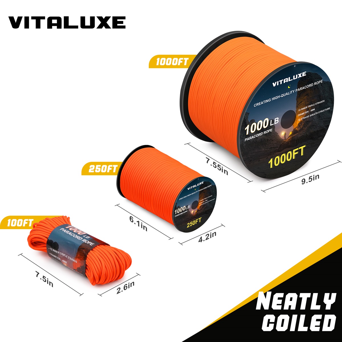 VITALUXE 1000Ib Paracord Rope, Tactical Parachute Cord with 12 Triple Strands, Heavy Duty Survival Gear for Camping, Hiking, Ideal for Bracelets, Lanyards, Diameter: 4MM, Orange
