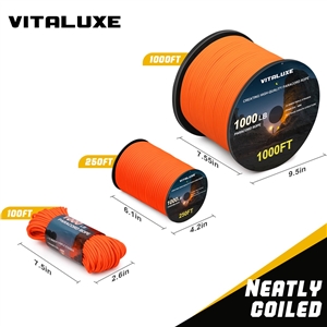 VITALUXE 1000Ib Paracord Rope, Tactical Parachute Cord with 12 Triple Strands, Heavy Duty Survival Gear for Camping, Hiking, Ideal for Bracelets, Lanyards, Diameter: 4MM, Orange