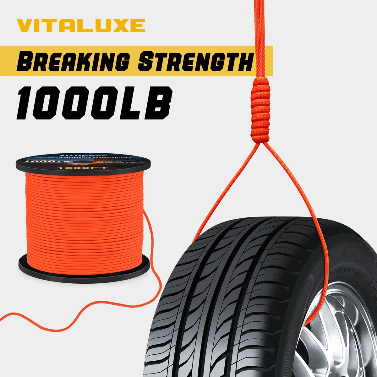 VITALUXE 1000Ib Paracord Rope, Tactical Parachute Cord with 12 Triple Strands, Heavy Duty Survival Gear for Camping, Hiking, Ideal for Bracelets, Lanyards, Diameter: 4MM, Orange