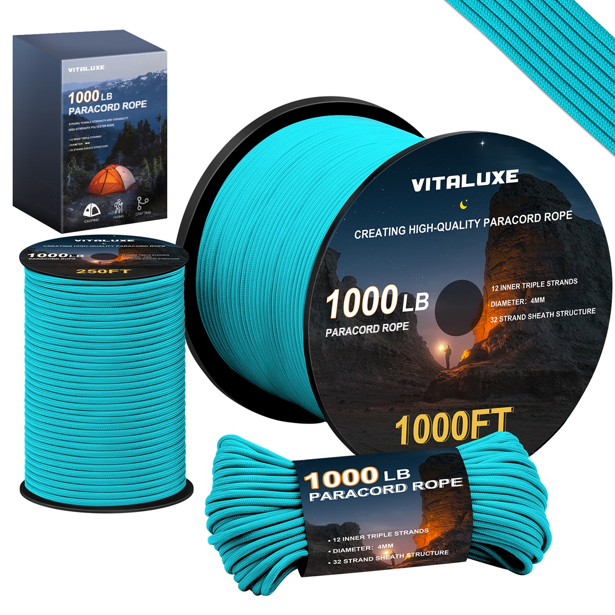 VITALUXE 1000Ib Paracord Rope, Tactical Parachute Cord with 12 Triple Strands, Heavy Duty Survival Gear for Camping, Hiking, Ideal for Bracelets, Lanyards, Diameter: 4MM, Blue