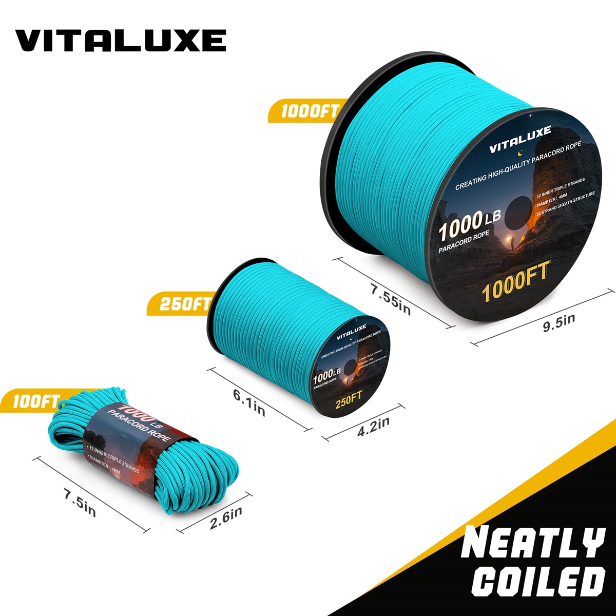 VITALUXE 1000Ib Paracord Rope, Tactical Parachute Cord with 12 Triple Strands, Heavy Duty Survival Gear for Camping, Hiking, Ideal for Bracelets, Lanyards, Diameter: 4MM, Blue