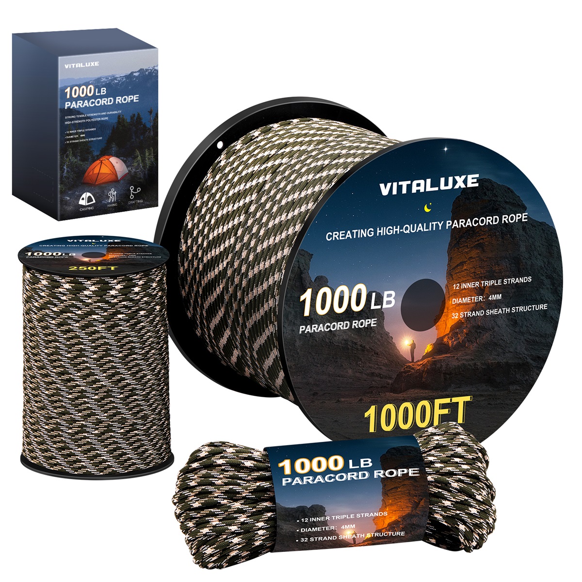 VITALUXE 1000Ib Paracord Rope, Tactical Parachute Cord with 12 Triple Strands, Heavy Duty Survival Gear for Camping, Hiking, Ideal for Bracelets, Lanyards, Diameter: 4MM, Forest Camo