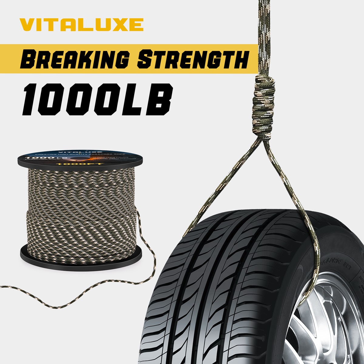 VITALUXE 1000Ib Paracord Rope, Tactical Parachute Cord with 12 Triple Strands, Heavy Duty Survival Gear for Camping, Hiking, Ideal for Bracelets, Lanyards, Diameter: 4MM, Forest Camo