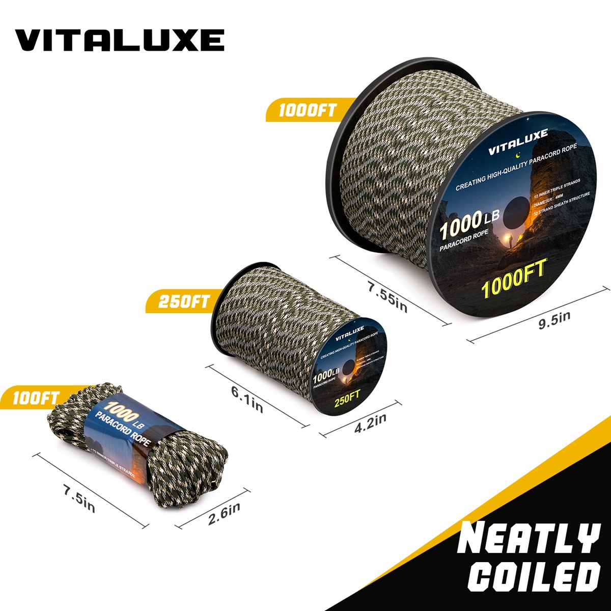 VITALUXE 1000Ib Paracord Rope, Tactical Parachute Cord with 12 Triple Strands, Heavy Duty Survival Gear for Camping, Hiking, Ideal for Bracelets, Lanyards, Diameter: 4MM, Forest Camo