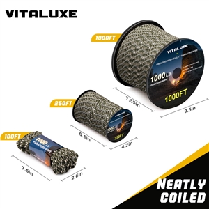 VITALUXE 1000Ib Paracord Rope, Tactical Parachute Cord with 12 Triple Strands, Heavy Duty Survival Gear for Camping, Hiking, Ideal for Bracelets, Lanyards, Diameter: 4MM, Forest Camo
