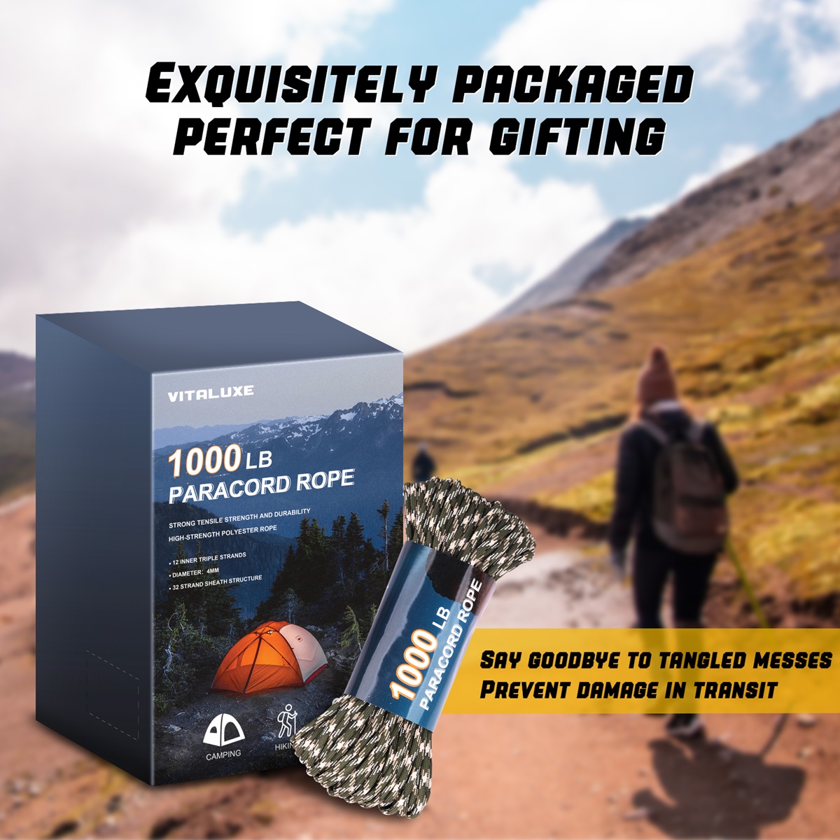 VITALUXE 1000Ib Paracord Rope, Tactical Parachute Cord with 12 Triple Strands, Heavy Duty Survival Gear for Camping, Hiking, Ideal for Bracelets, Lanyards, Diameter: 4MM, Forest Camo