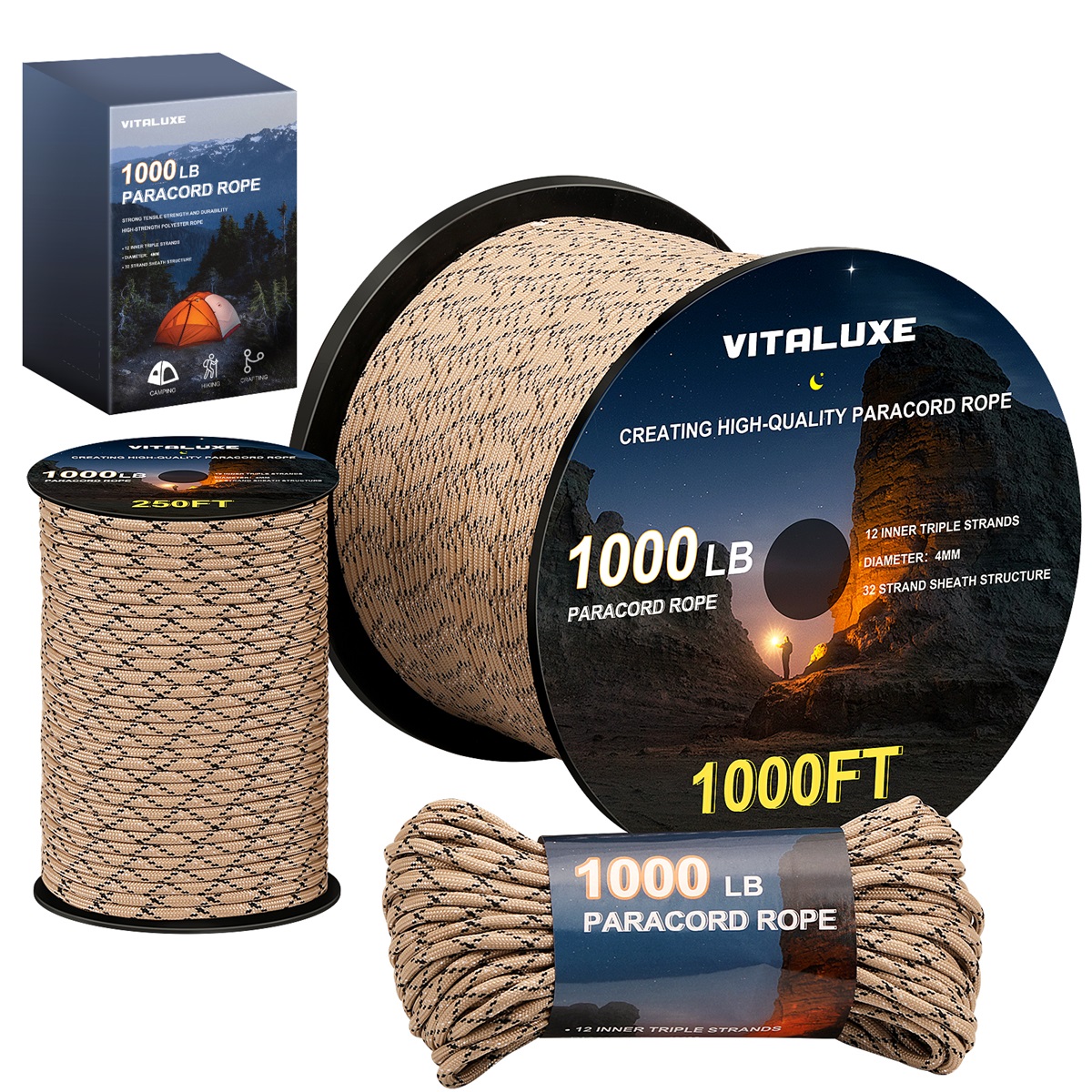 VITALUXE 1000Ib Paracord Rope, Tactical Parachute Cord with 12 Triple Strands, Heavy Duty Survival Gear for Camping, Hiking, Ideal for Bracelets, Lanyards, Diameter: 4MM, Desert Camo