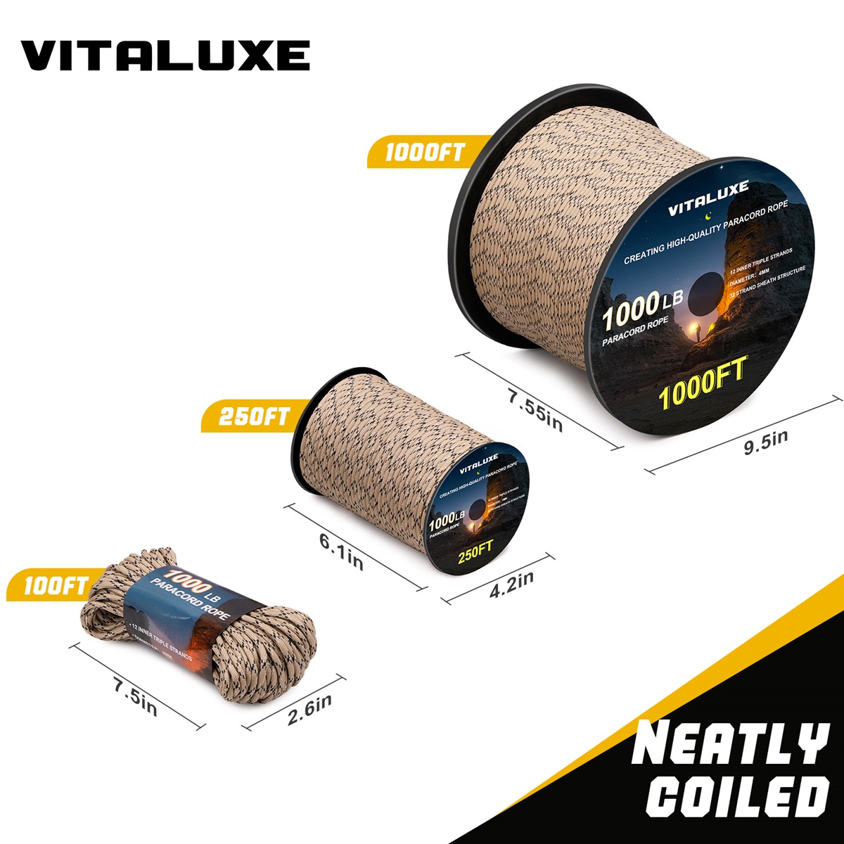 VITALUXE 1000Ib Paracord Rope, Tactical Parachute Cord with 12 Triple Strands, Heavy Duty Survival Gear for Camping, Hiking, Ideal for Bracelets, Lanyards, Diameter: 4MM, Desert Camo