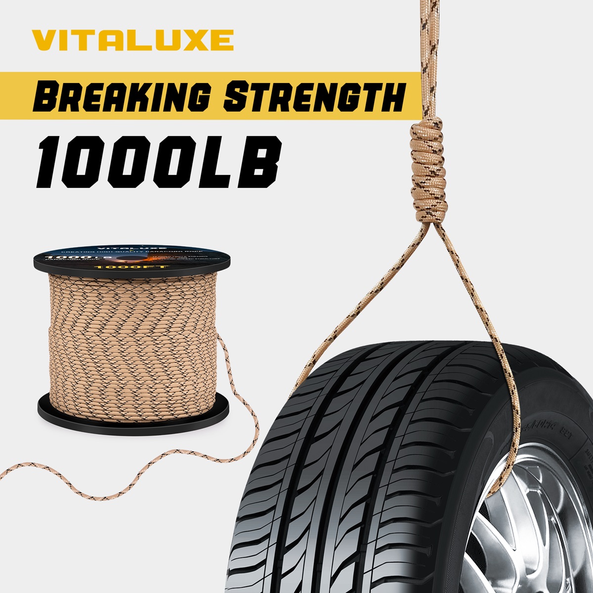 VITALUXE 1000Ib Paracord Rope, Tactical Parachute Cord with 12 Triple Strands, Heavy Duty Survival Gear for Camping, Hiking, Ideal for Bracelets, Lanyards, Diameter: 4MM, Desert Camo
