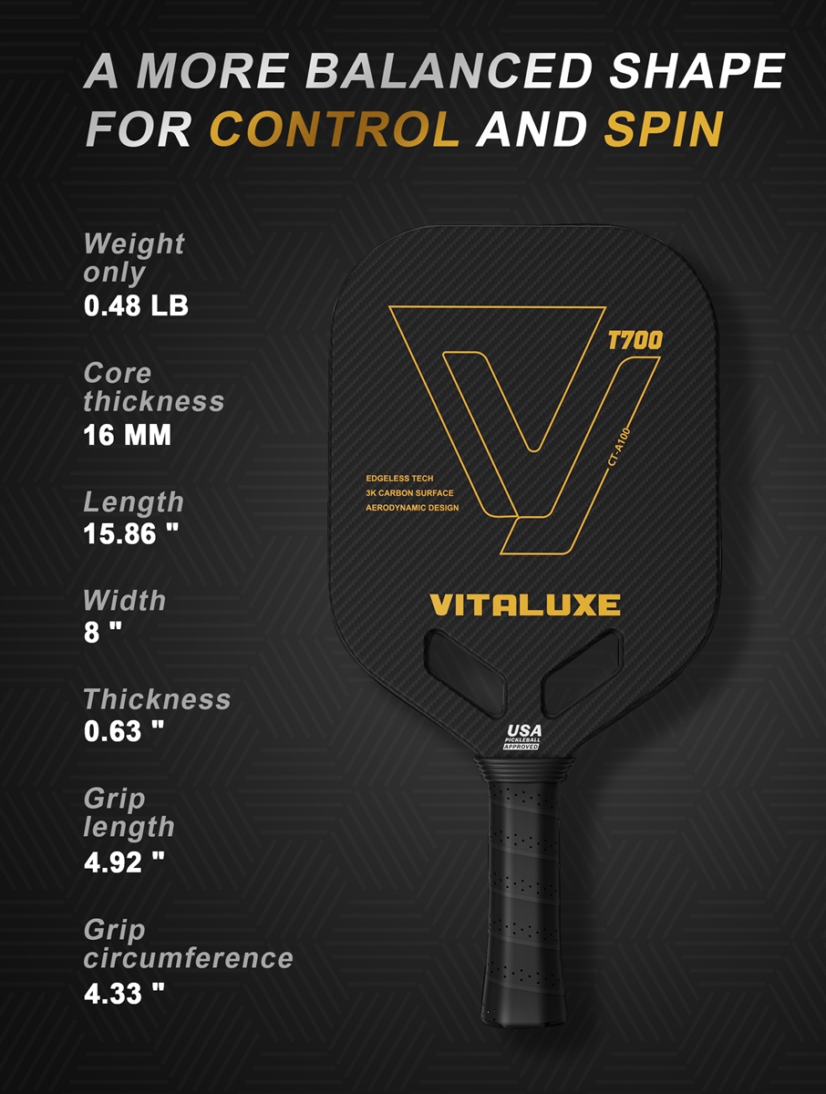 USAP Approved, Carbon Fiber Pickleball Paddle, Edgeless T700+3K Textured Carbon Friction Surface，Thermoformed Pickleball Paddle with Aerodynamic Design Used for tournaments,  Control