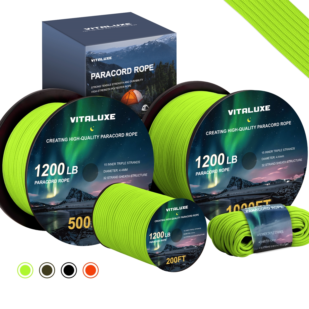 VITALUXE  1200lb Paracord Rope, 4.4mm 15 Triple Strands Paracord, Heavy Duty Tactical Parachute Cord for Survival Gear, Camping, Hiking, and Ideal for Bracelets, Lanyards, Type III