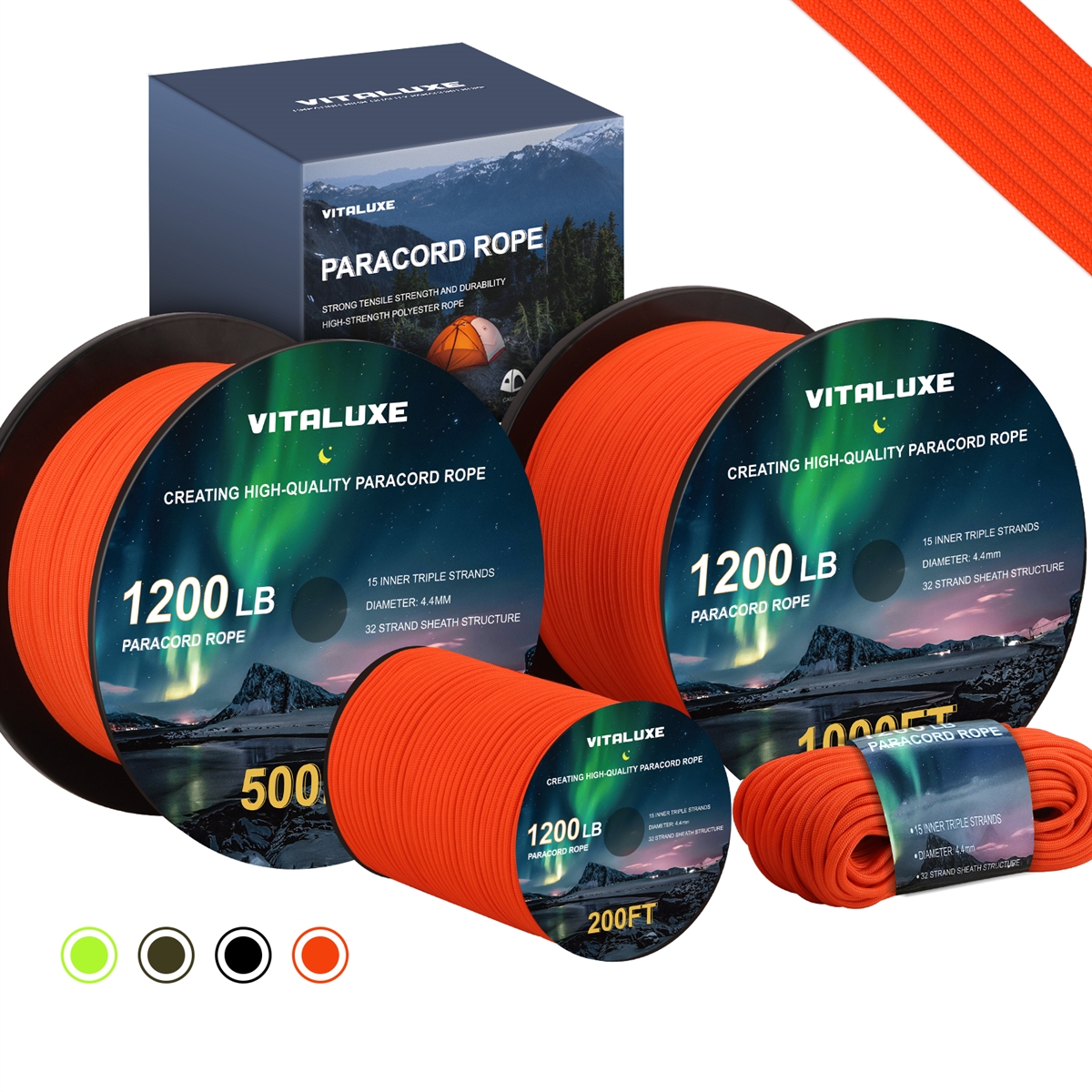 VITALUXE  1200lb Paracord Rope, 4.4mm 15 Triple Strands Paracord, Heavy Duty Tactical Parachute Cord for Survival Gear, Camping, Hiking, and Ideal for Bracelets, Lanyards, Type III