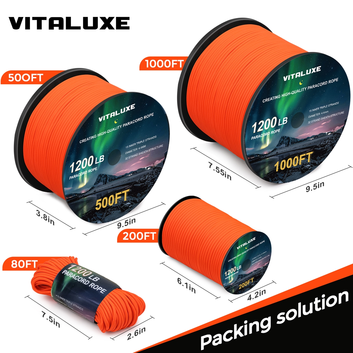 VITALUXE  1200lb Paracord Rope, 4.4mm 15 Triple Strands Paracord, Heavy Duty Tactical Parachute Cord for Survival Gear, Camping, Hiking, and Ideal for Bracelets, Lanyards, Type III