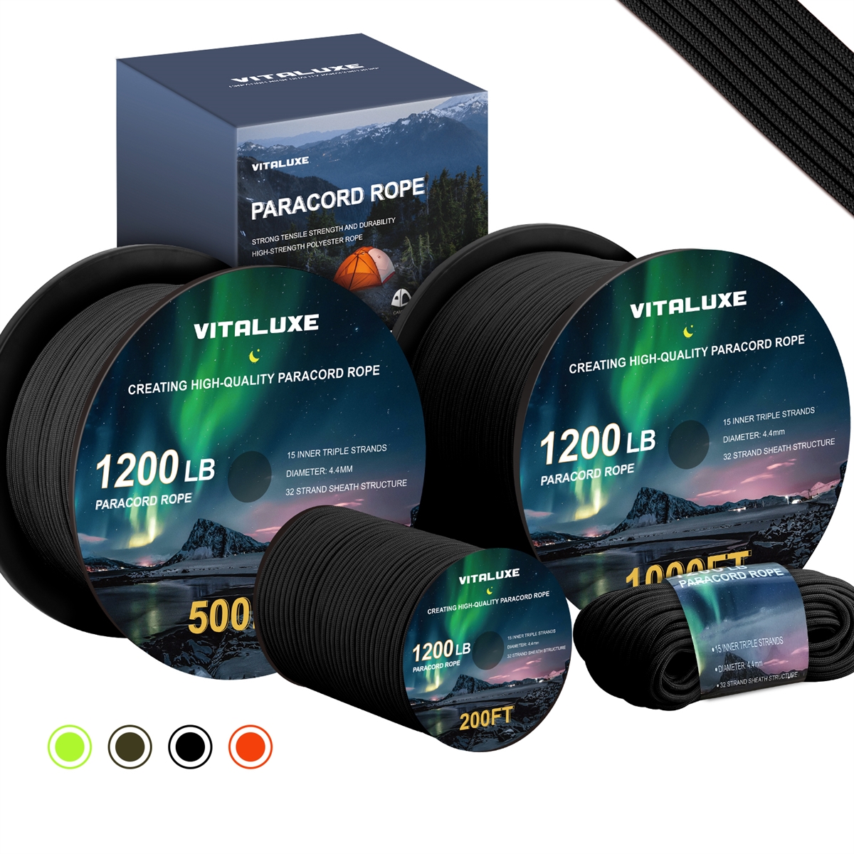 VITALUXE  1200lb Paracord Rope, 4.4mm 15 Triple Strands Paracord, Heavy Duty Tactical Parachute Cord for Survival Gear, Camping, Hiking, and Ideal for Bracelets, Lanyards, Type III