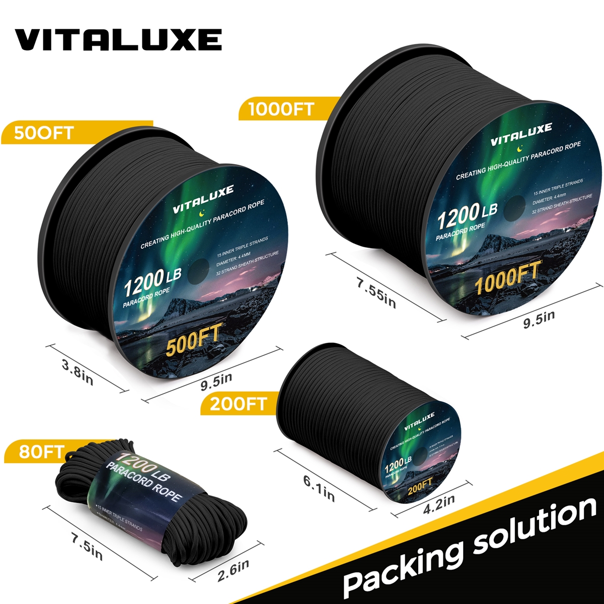 VITALUXE  1200lb Paracord Rope, 4.4mm 15 Triple Strands Paracord, Heavy Duty Tactical Parachute Cord for Survival Gear, Camping, Hiking, and Ideal for Bracelets, Lanyards, Type III