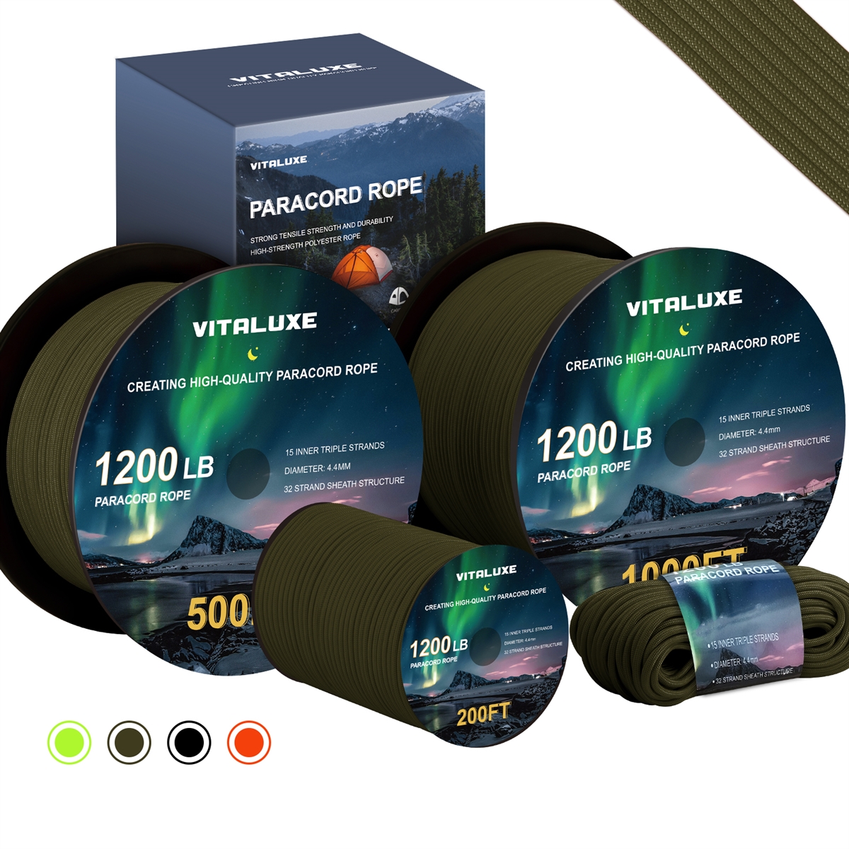 VITALUXE  1200lb Paracord Rope, 4.4mm 15 Triple Strands Paracord, Heavy Duty Tactical Parachute Cord for Survival Gear, Camping, Hiking, and Ideal for Bracelets, Lanyards, Type III